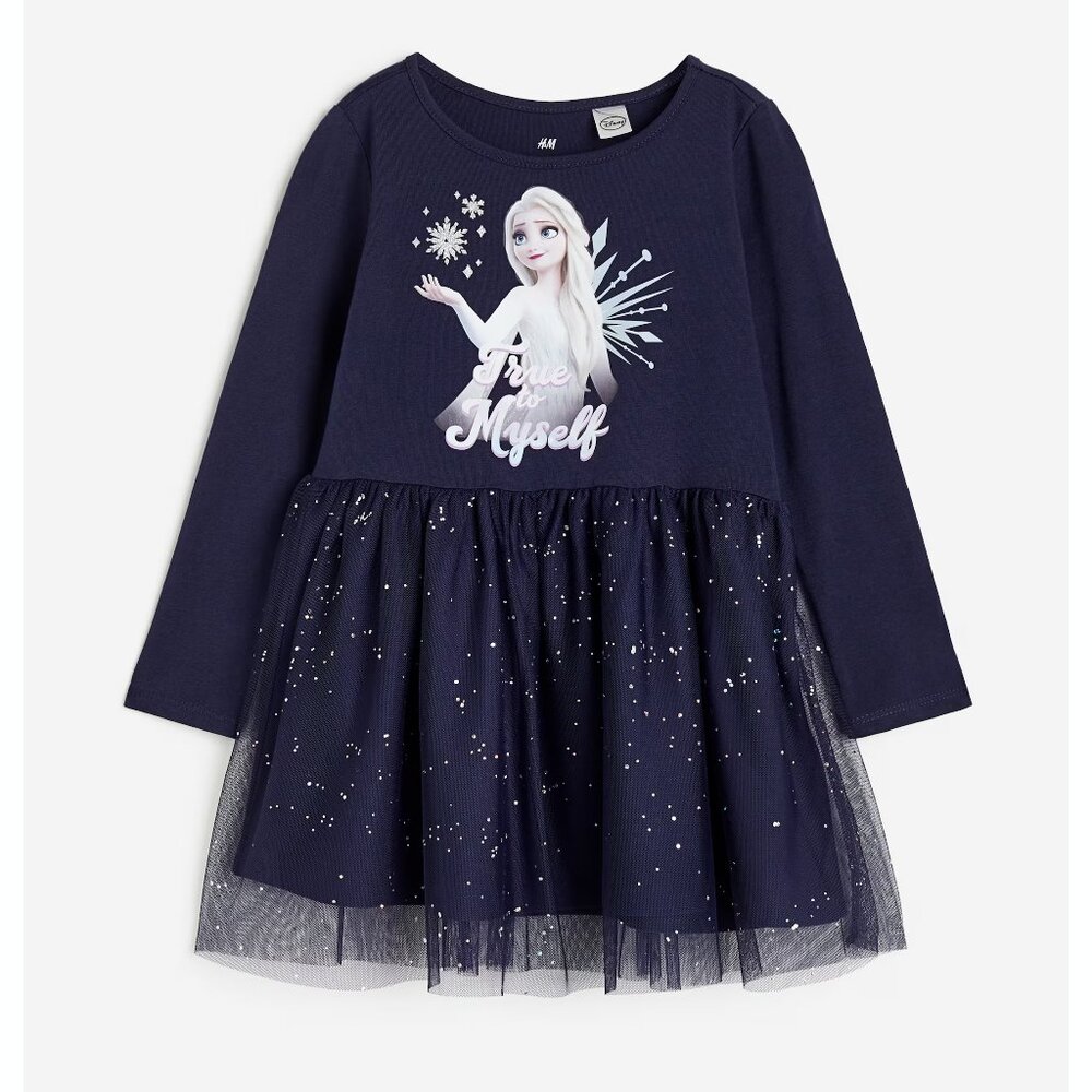 H&M Girls Disney Frozen Elsa Tulle-skirt Jersey Dress in Navy